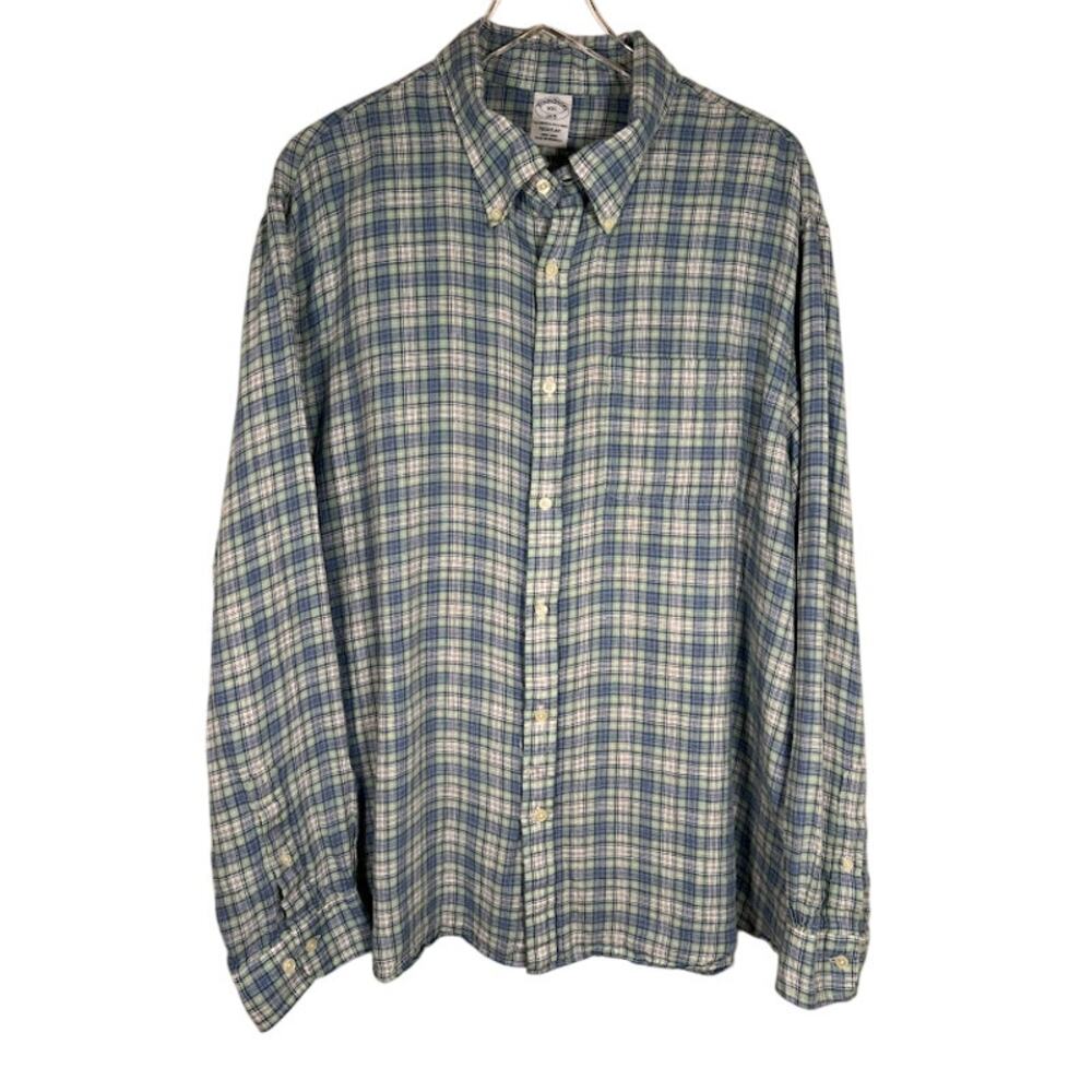 Brooks Brothers The Original Polo Shirt XXL Regular Linen Blue Yellow Plaid Top